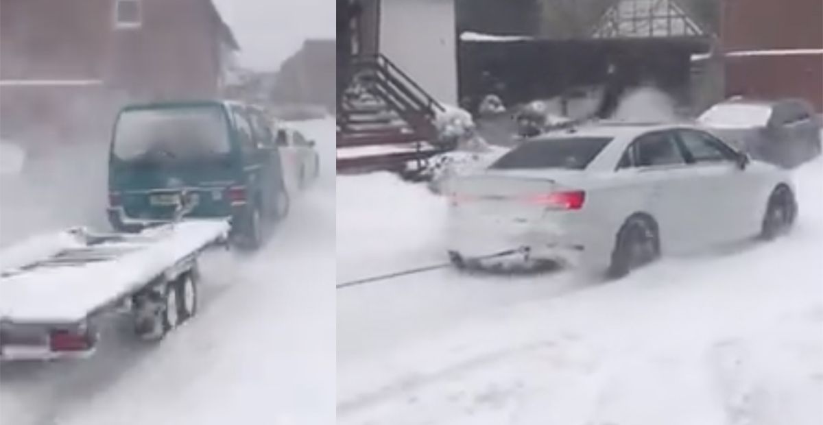 Audi RS3 bus holowanie śnieg zima