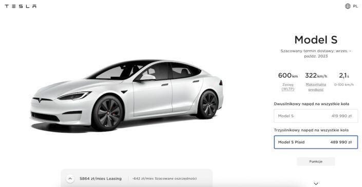 Tesla Model S Plaid polski cennik wrzesień 2023